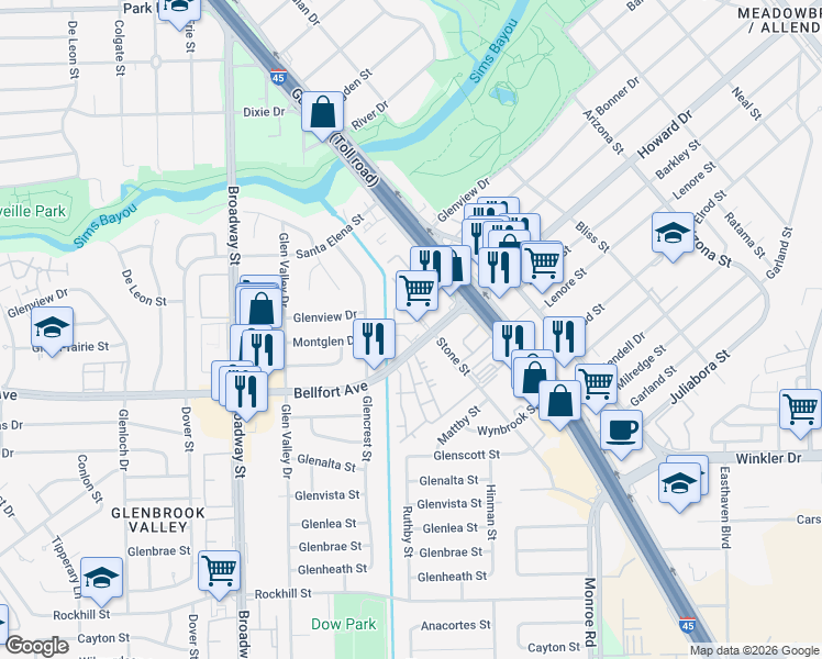 map of restaurants, bars, coffee shops, grocery stores, and more near 7975 Bellfort Avenue in Houston