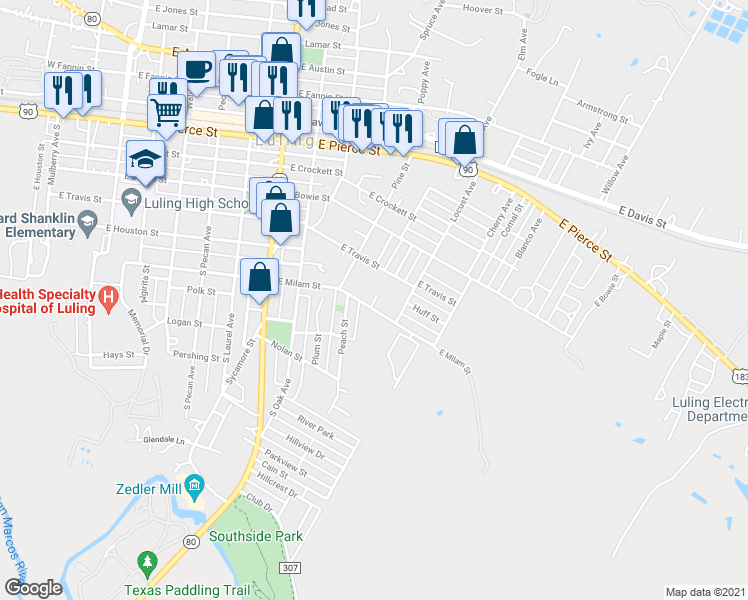 map of restaurants, bars, coffee shops, grocery stores, and more near 1033 East Milam Street in Luling