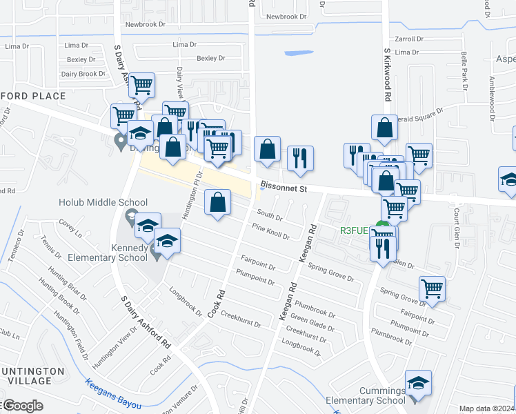 map of restaurants, bars, coffee shops, grocery stores, and more near 12226 South Drive in Houston