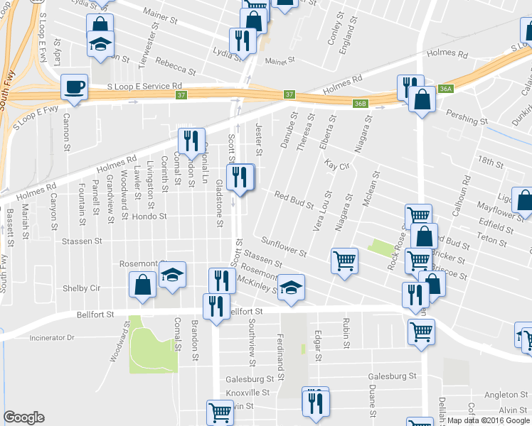 map of restaurants, bars, coffee shops, grocery stores, and more near 1211 Danube Street in Houston