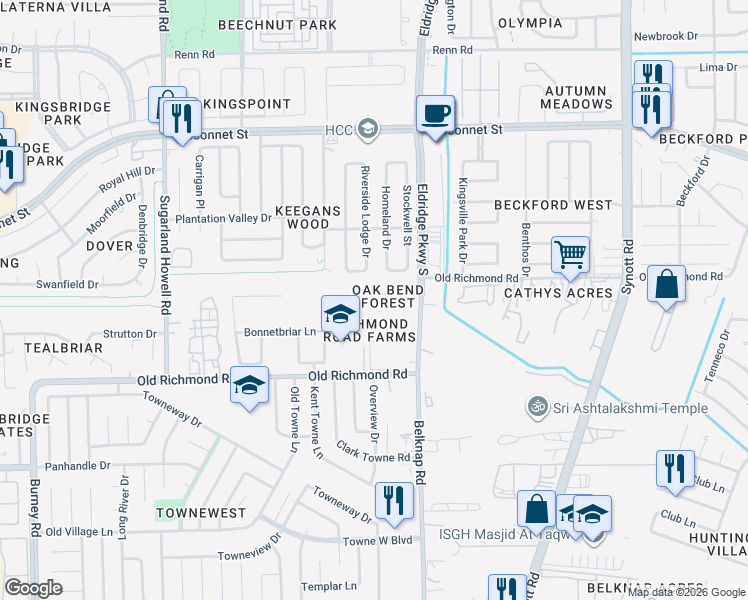 map of restaurants, bars, coffee shops, grocery stores, and more near 13611 Oak Bend Forest Drive in Houston