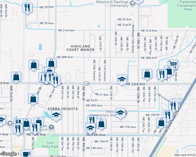 map of restaurants, bars, coffee shops, grocery stores, and more near 2322 NE 11th St in Gainesville