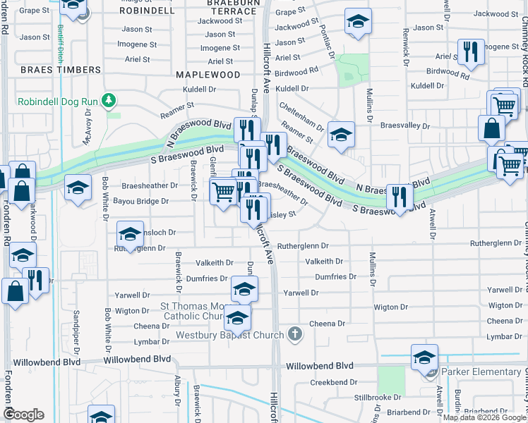 map of restaurants, bars, coffee shops, grocery stores, and more near 5850 Paisley Street in Houston