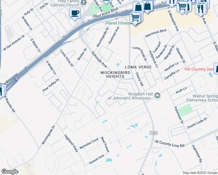 map of restaurants, bars, coffee shops, grocery stores, and more near 1916 Eastern Finch in New Braunfels