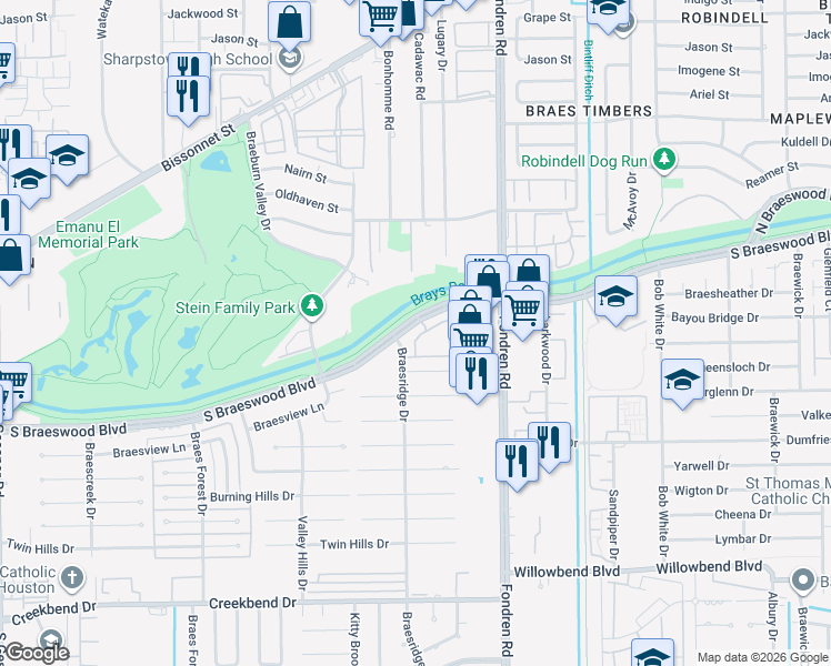 map of restaurants, bars, coffee shops, grocery stores, and more near 7655 South Braeswood Boulevard in Houston