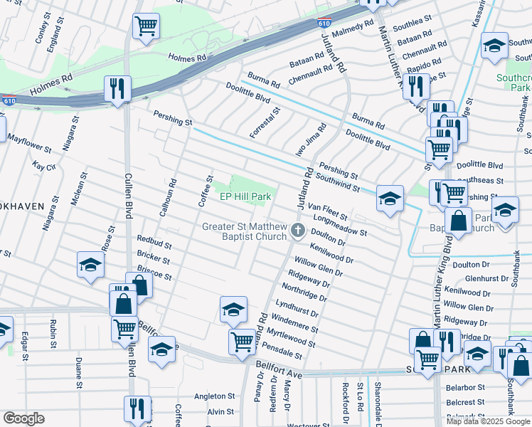 map of restaurants, bars, coffee shops, grocery stores, and more near 7622 Darnay Drive in Houston