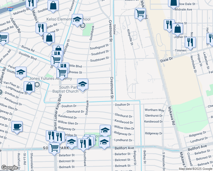 map of restaurants, bars, coffee shops, grocery stores, and more near 5958 Southwind Street in Houston