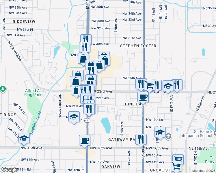 map of restaurants, bars, coffee shops, grocery stores, and more near 1119 Northwest 24th Avenue in Gainesville