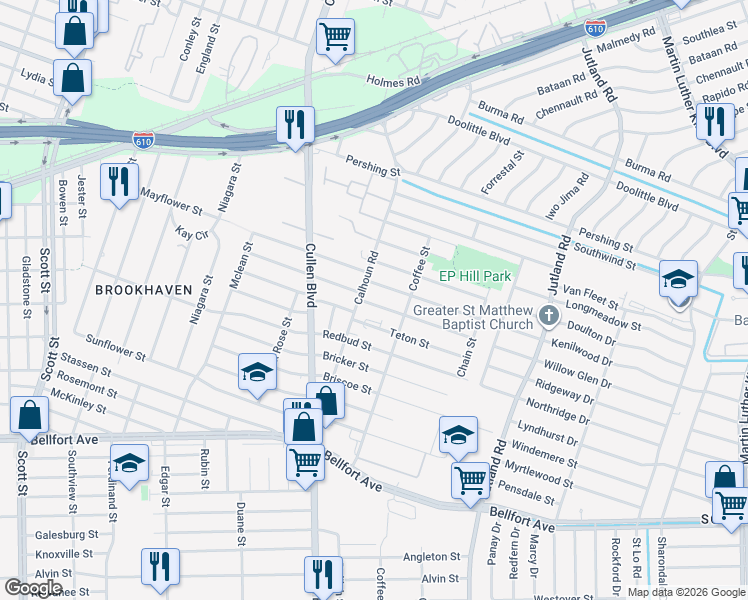 map of restaurants, bars, coffee shops, grocery stores, and more near 4806 Edfield Street in Houston