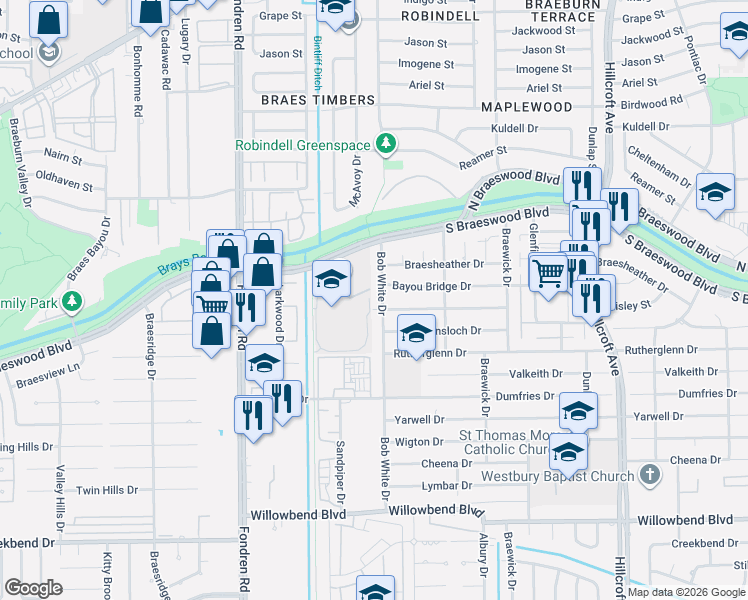 map of restaurants, bars, coffee shops, grocery stores, and more near 9610 Bob White Drive in Houston