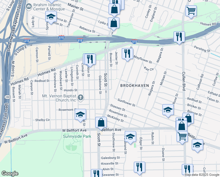 map of restaurants, bars, coffee shops, grocery stores, and more near 3900 Hondo Street in Houston