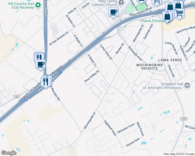 map of restaurants, bars, coffee shops, grocery stores, and more near 3023 Green Mountain Drive in New Braunfels