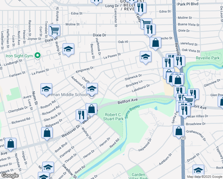 map of restaurants, bars, coffee shops, grocery stores, and more near 302 Stanwick Drive in Houston
