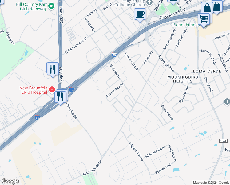 map of restaurants, bars, coffee shops, grocery stores, and more near 3038 Pine Valley Drive in New Braunfels