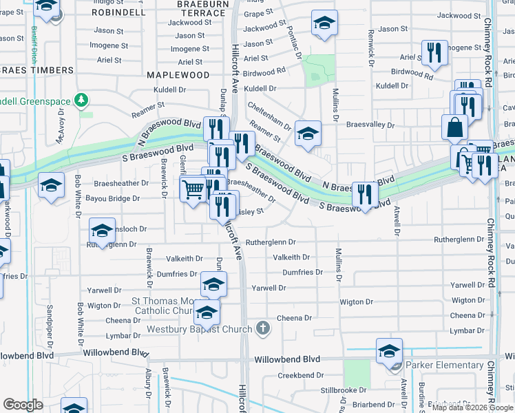 map of restaurants, bars, coffee shops, grocery stores, and more near 5822 Paisley Street in Houston