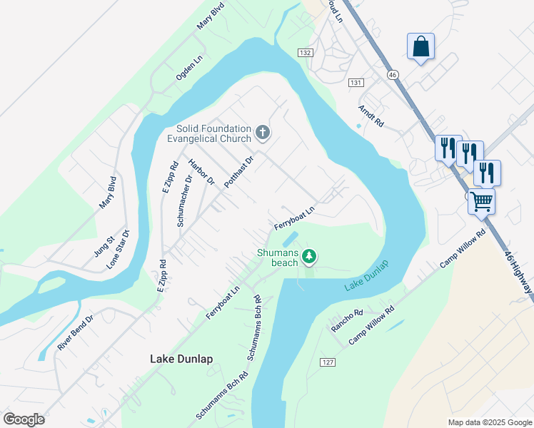map of restaurants, bars, coffee shops, grocery stores, and more near 1021 Ferryboat Lane in New Braunfels