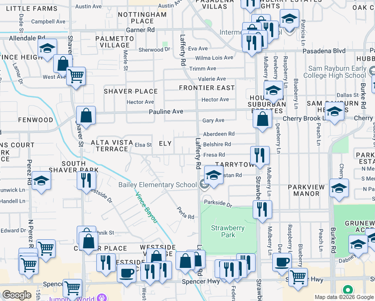 map of restaurants, bars, coffee shops, grocery stores, and more near 957 Fresa Road in Pasadena