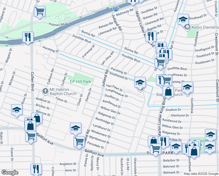 map of restaurants, bars, coffee shops, grocery stores, and more near 5117 Longmeadow Street in Houston