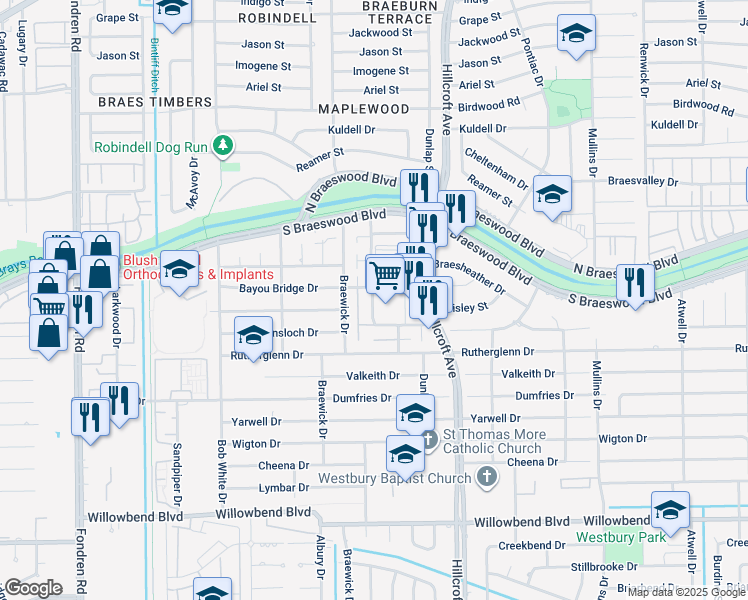 map of restaurants, bars, coffee shops, grocery stores, and more near 780 Glenfield Court in Houston