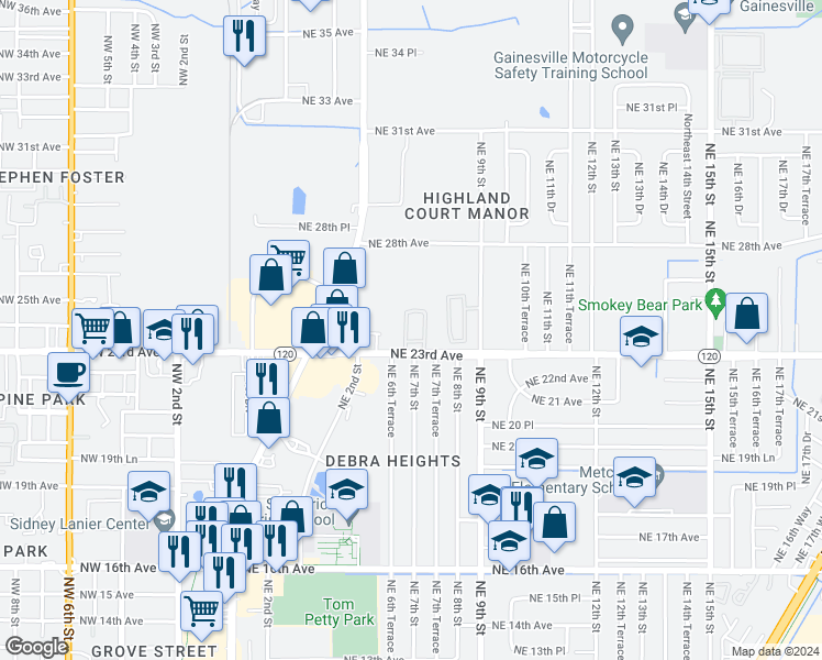 map of restaurants, bars, coffee shops, grocery stores, and more near 740 Northeast 23rd Avenue in Gainesville