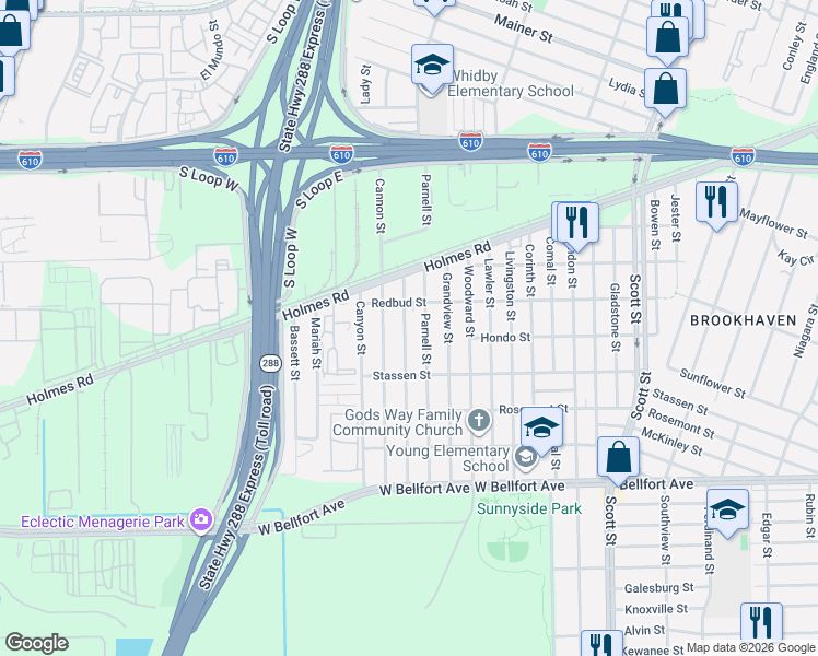 map of restaurants, bars, coffee shops, grocery stores, and more near 8027 Fountain Street in Houston