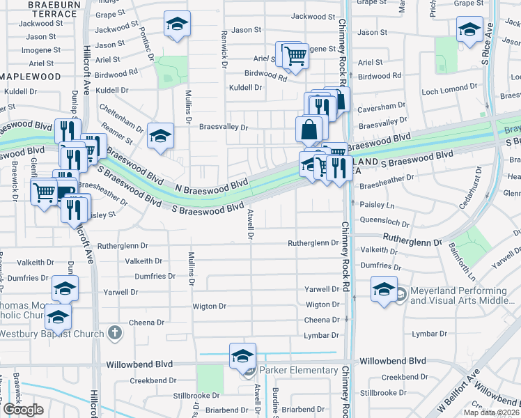 map of restaurants, bars, coffee shops, grocery stores, and more near 9715 Atwell Drive in Houston