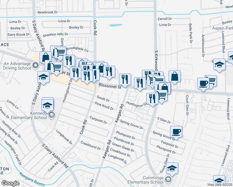 map of restaurants, bars, coffee shops, grocery stores, and more near 9515 Huntington Wick Drive in Houston