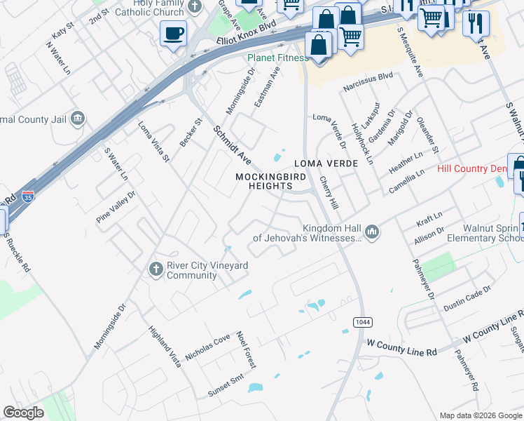 map of restaurants, bars, coffee shops, grocery stores, and more near 1916 Eastern Finch in New Braunfels