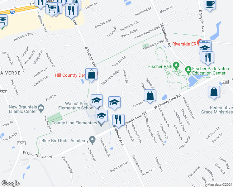 map of restaurants, bars, coffee shops, grocery stores, and more near 1879 Baron Drive in New Braunfels