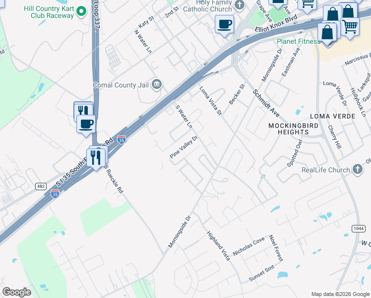 map of restaurants, bars, coffee shops, grocery stores, and more near 3023 Green Mountain Drive in New Braunfels