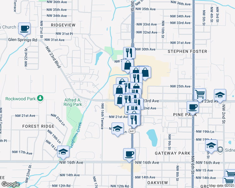 map of restaurants, bars, coffee shops, grocery stores, and more near 1420 Northwest 23rd Avenue in Gainesville