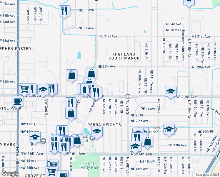 map of restaurants, bars, coffee shops, grocery stores, and more near 740 Northeast 23rd Avenue in Gainesville
