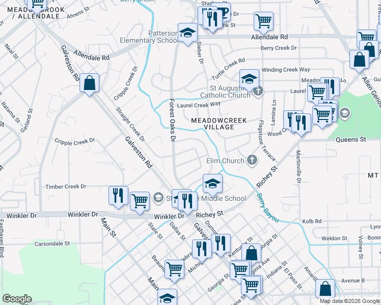 map of restaurants, bars, coffee shops, grocery stores, and more near 5419 Timber Creek Drive in Houston