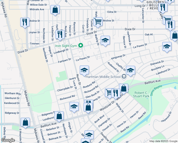 map of restaurants, bars, coffee shops, grocery stores, and more near 6802 Kingsway Drive in Houston