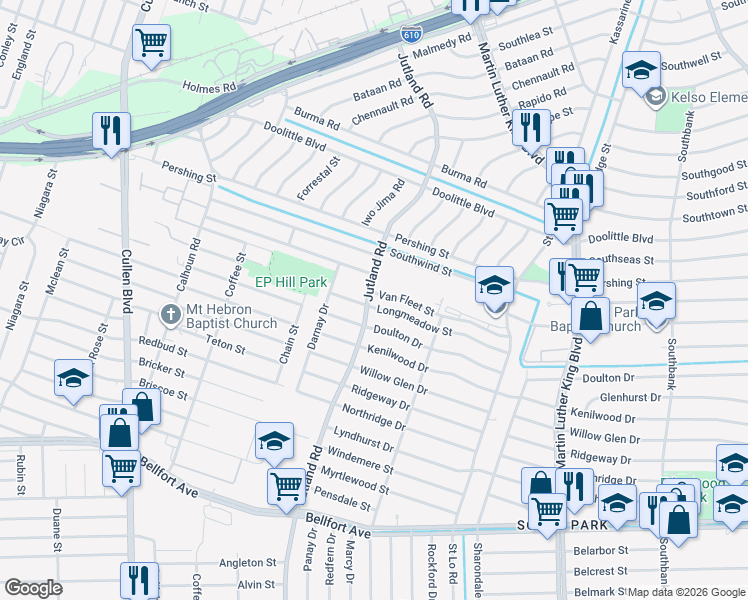 map of restaurants, bars, coffee shops, grocery stores, and more near 5117 Longmeadow Street in Houston