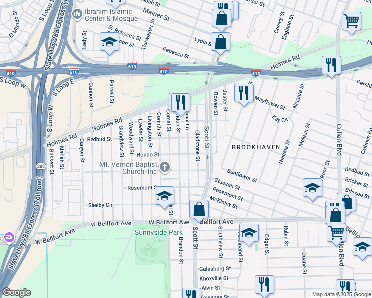 map of restaurants, bars, coffee shops, grocery stores, and more near 8029 Colonial Lane in Houston