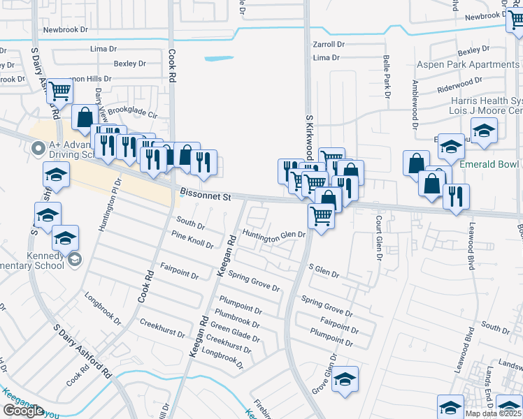 map of restaurants, bars, coffee shops, grocery stores, and more near in Houston