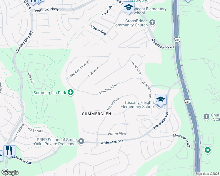 map of restaurants, bars, coffee shops, grocery stores, and more near Winding View in Timberwood Park