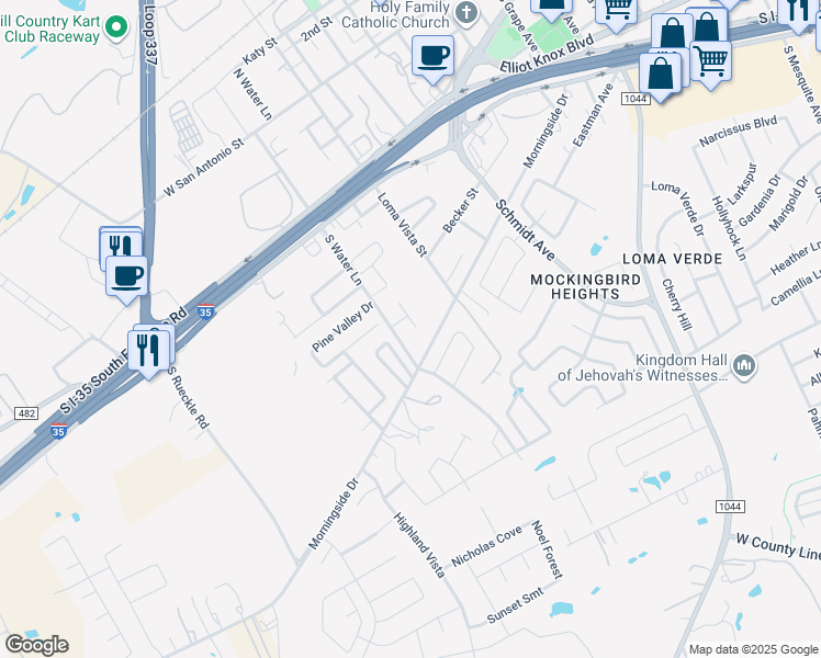 map of restaurants, bars, coffee shops, grocery stores, and more near 345 South Water Lane in New Braunfels