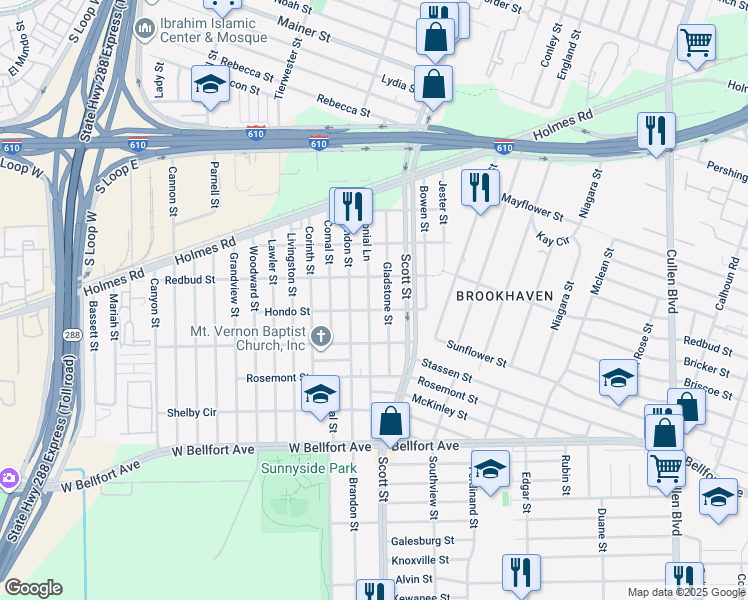 map of restaurants, bars, coffee shops, grocery stores, and more near 8029 Colonial Lane in Houston