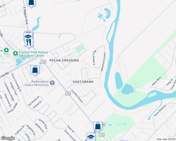 map of restaurants, bars, coffee shops, grocery stores, and more near 2271 Kensington Way in New Braunfels