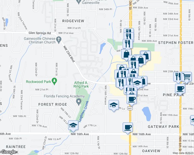 map of restaurants, bars, coffee shops, grocery stores, and more near 1638 Northwest 23rd Avenue in Gainesville