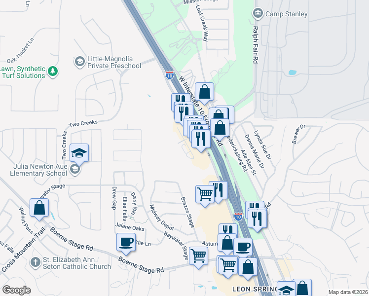 map of restaurants, bars, coffee shops, grocery stores, and more near 25127 Interstate 10 in San Antonio