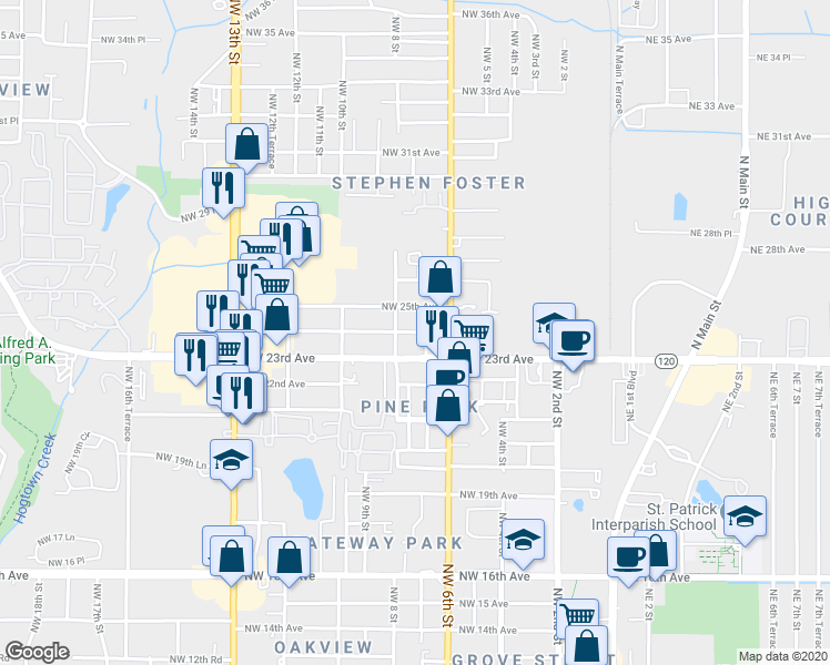 map of restaurants, bars, coffee shops, grocery stores, and more near 707 NW 24 Ave in Gainesville