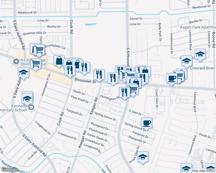 map of restaurants, bars, coffee shops, grocery stores, and more near in Houston