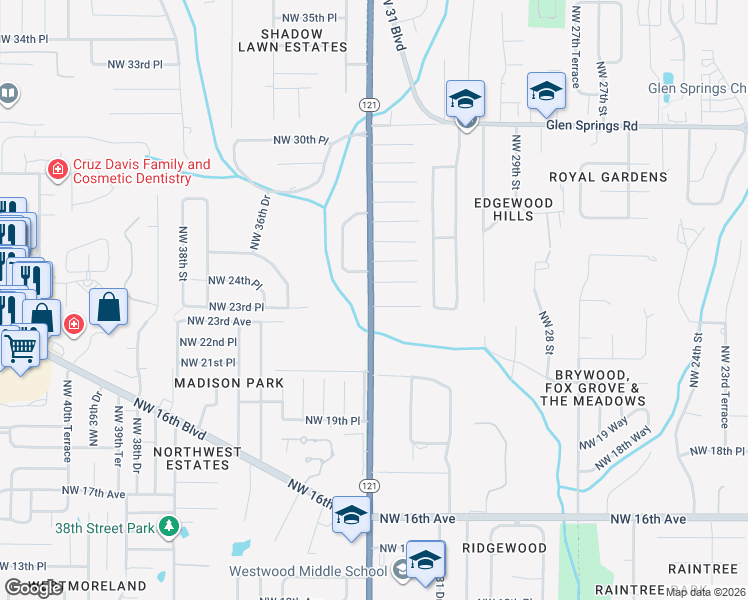 map of restaurants, bars, coffee shops, grocery stores, and more near 3330 Northwest 24 Avenue in Gainesville