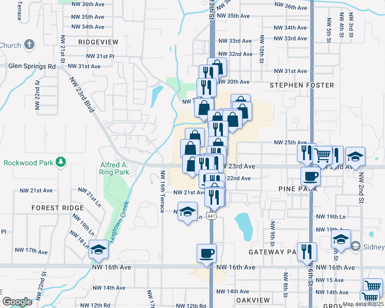 map of restaurants, bars, coffee shops, grocery stores, and more near 1420 Northwest 23rd Avenue in Gainesville