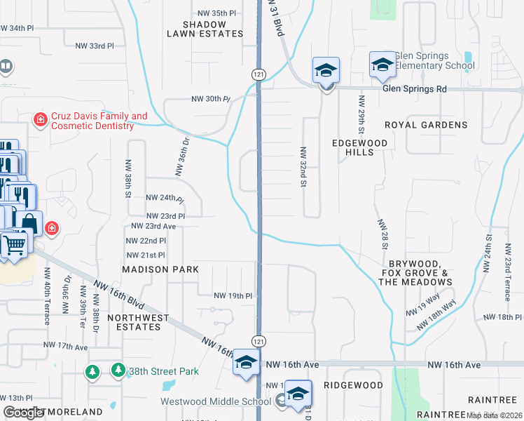 map of restaurants, bars, coffee shops, grocery stores, and more near 2366 Northwest 34th Street in Gainesville