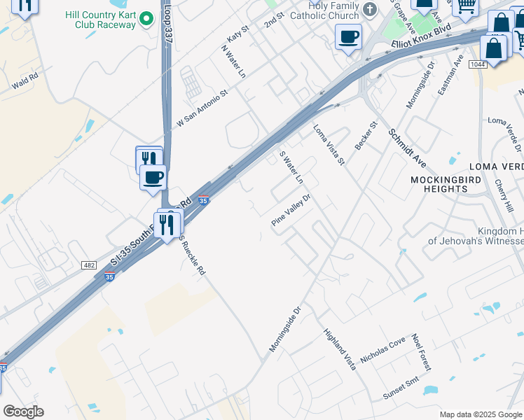 map of restaurants, bars, coffee shops, grocery stores, and more near 3143 Douglas Fir Drive in New Braunfels