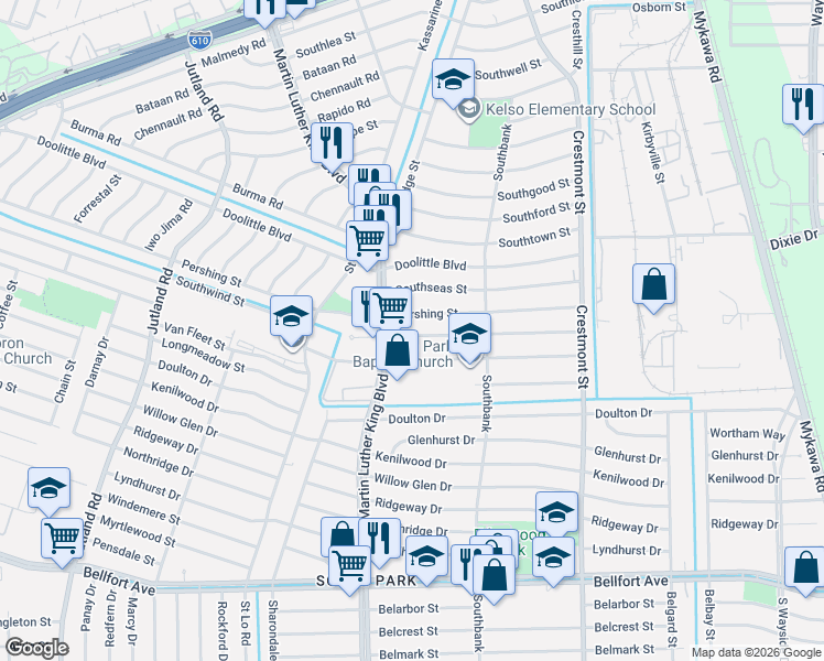 map of restaurants, bars, coffee shops, grocery stores, and more near 5714 Southwind Street in Houston